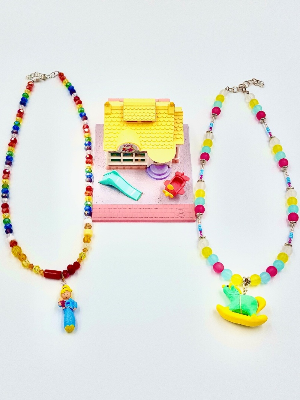 1993 Polly Pocket Toy Shop, Doll and Rocking Horse Beaded Necklaces